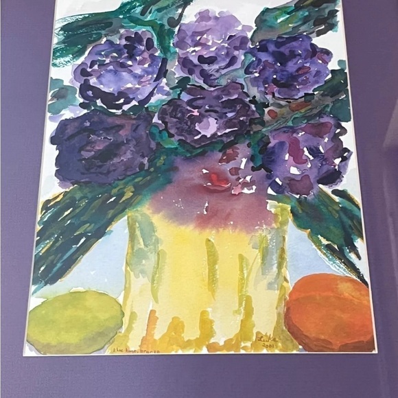 Signed Original Impressionist Style Floral Fruit Still Life Watercolor Painting - Picture 4 of 10